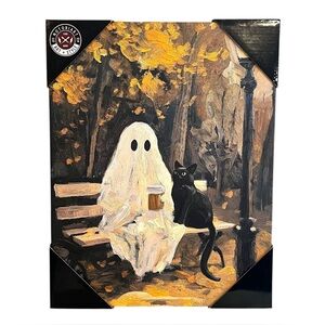 Halloween Ghost Black Cat Park Starbucks Coffee Fall Fun Canvas Wrapped Art NWT